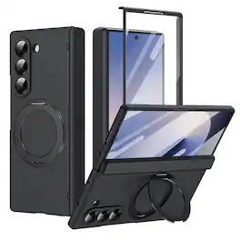 Dteck - For Samsung Galaxy Z Fold 6 Rugged Case With Screen Protector, Shockproof Magnetic Ring Stand Hinge Protection Cover - Black