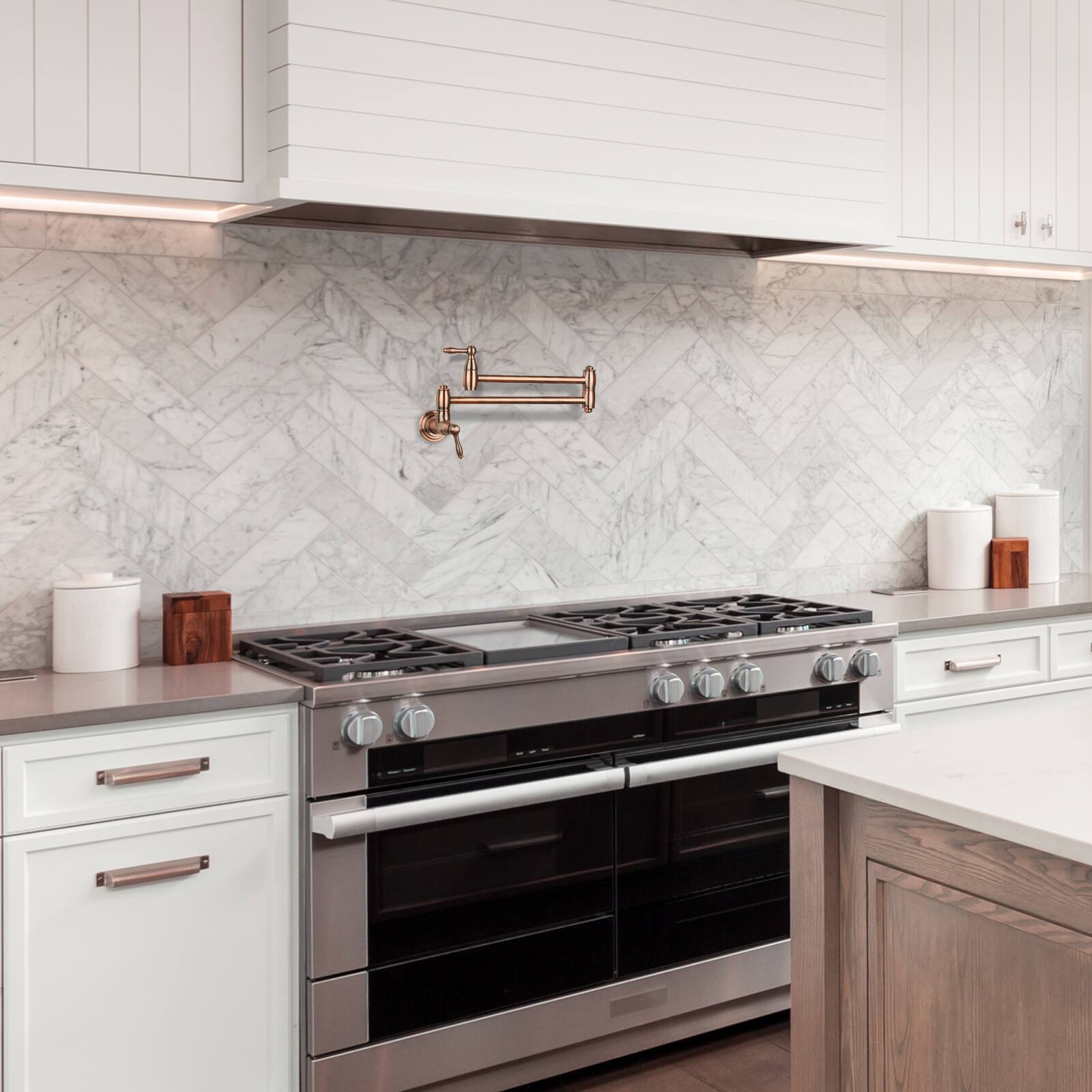 Alt View 4. Akicon - Akicon Wall-Mounted Solid Brass Pot Filler Kitchen Faucet with Dual Joint Swing Arms for Stovetop in Antique Copper - Antique Copper.