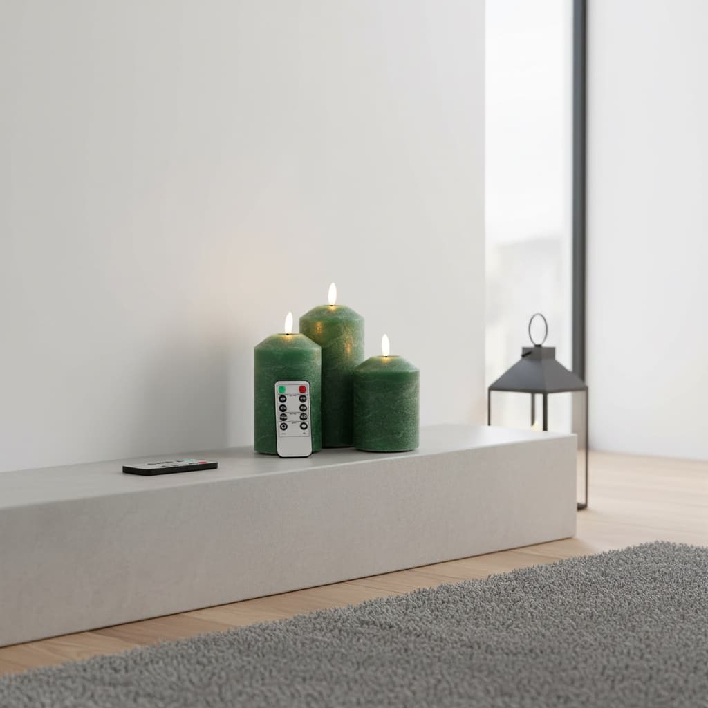 Alt View 2. FINEAK - 3 Pack Green Flameless Pillar Candles with Remote: Flickering, Battery-Operated LED Wax Candles - Dark Green.