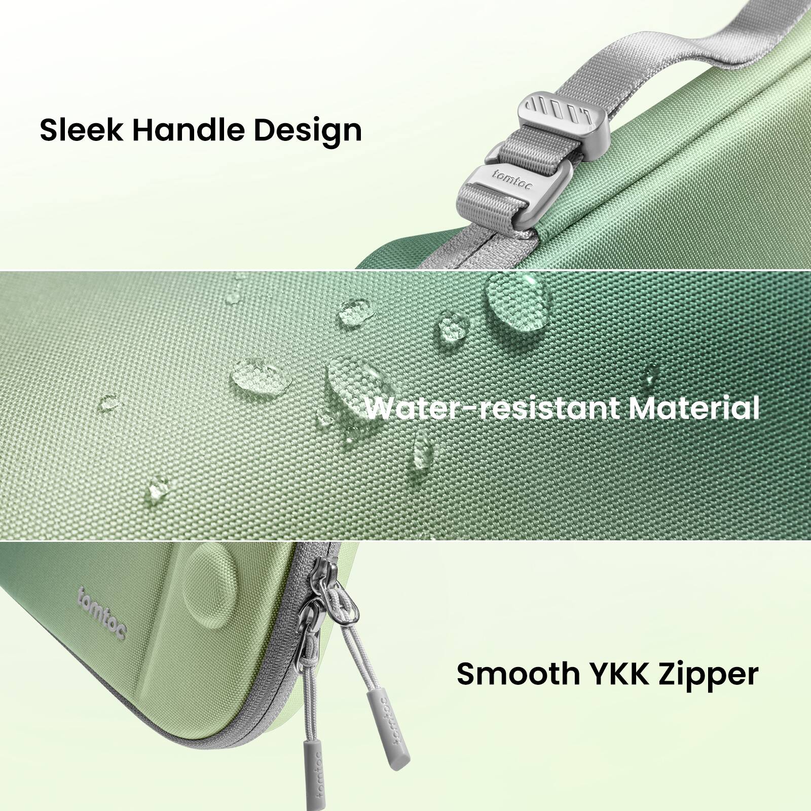 Sleek Handle Design, tomtoc, Water-resistant Material, Smooth YKK Zipper