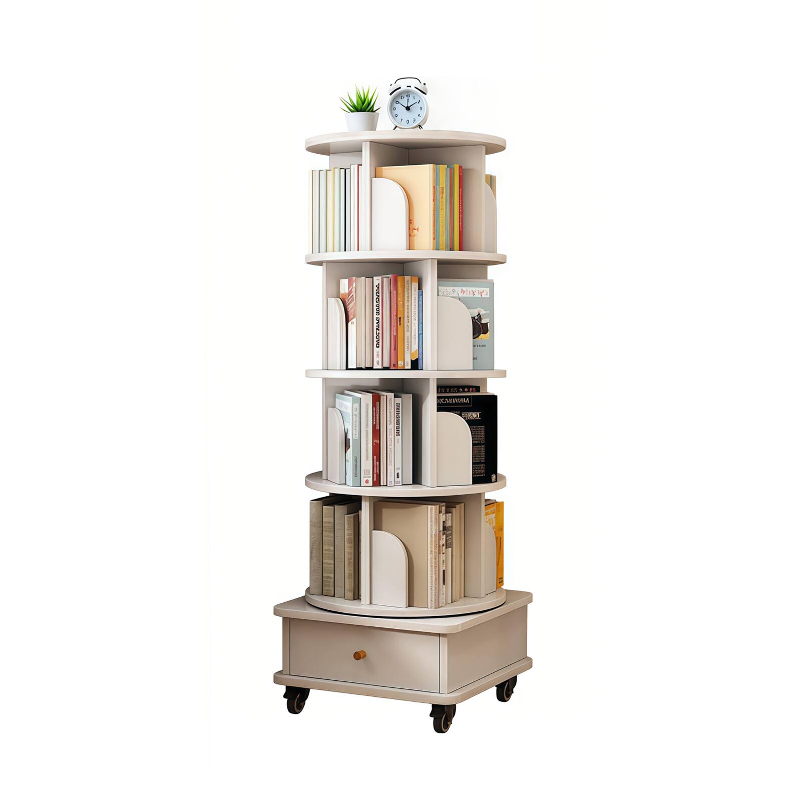 Chic Crate - 5-Tier Rotating Bookshelf Tower – 360° Spinning Storage with Wheels & Drawer, Space-Saving for Home & Office, Warm - White