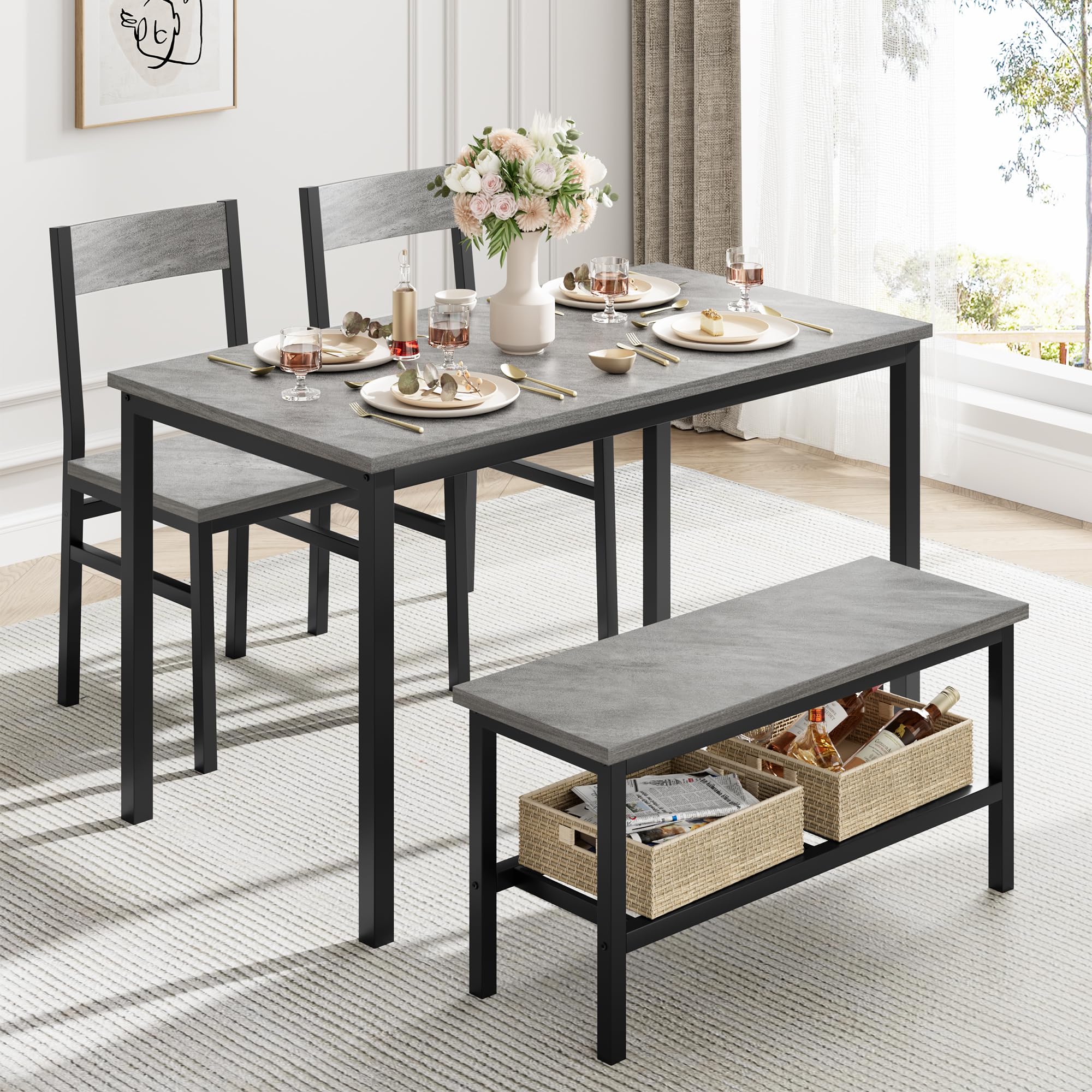 Alt View 3. Homhougo - Dining Table Set for 4, Modern Kitchen Table with Chairs and Bench - Gray.