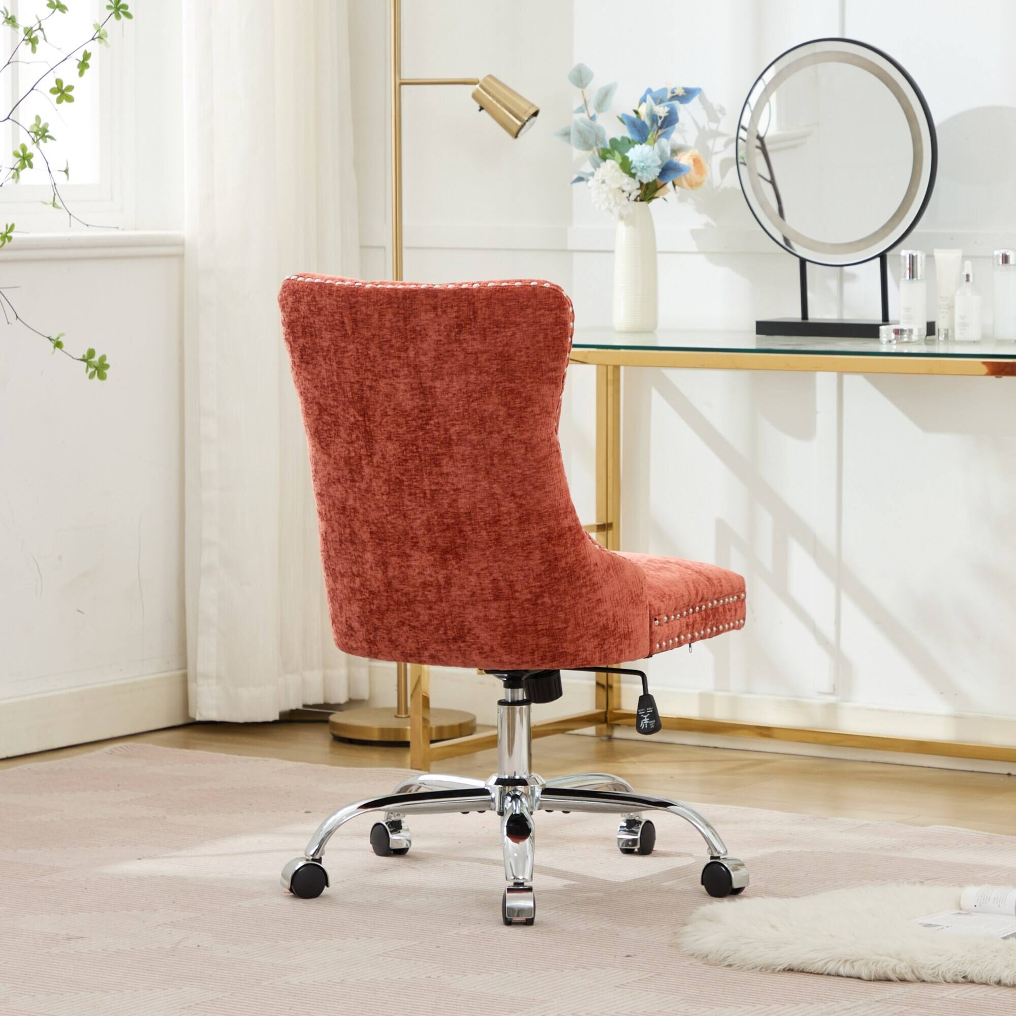 Alt View 1. Trinkets Crazed - Home Office Chair with Wheels & Silver Base,Chenille Fabric Makeup Vanity Chair with Tufted Back, Swivel Desk Chair - Orange.