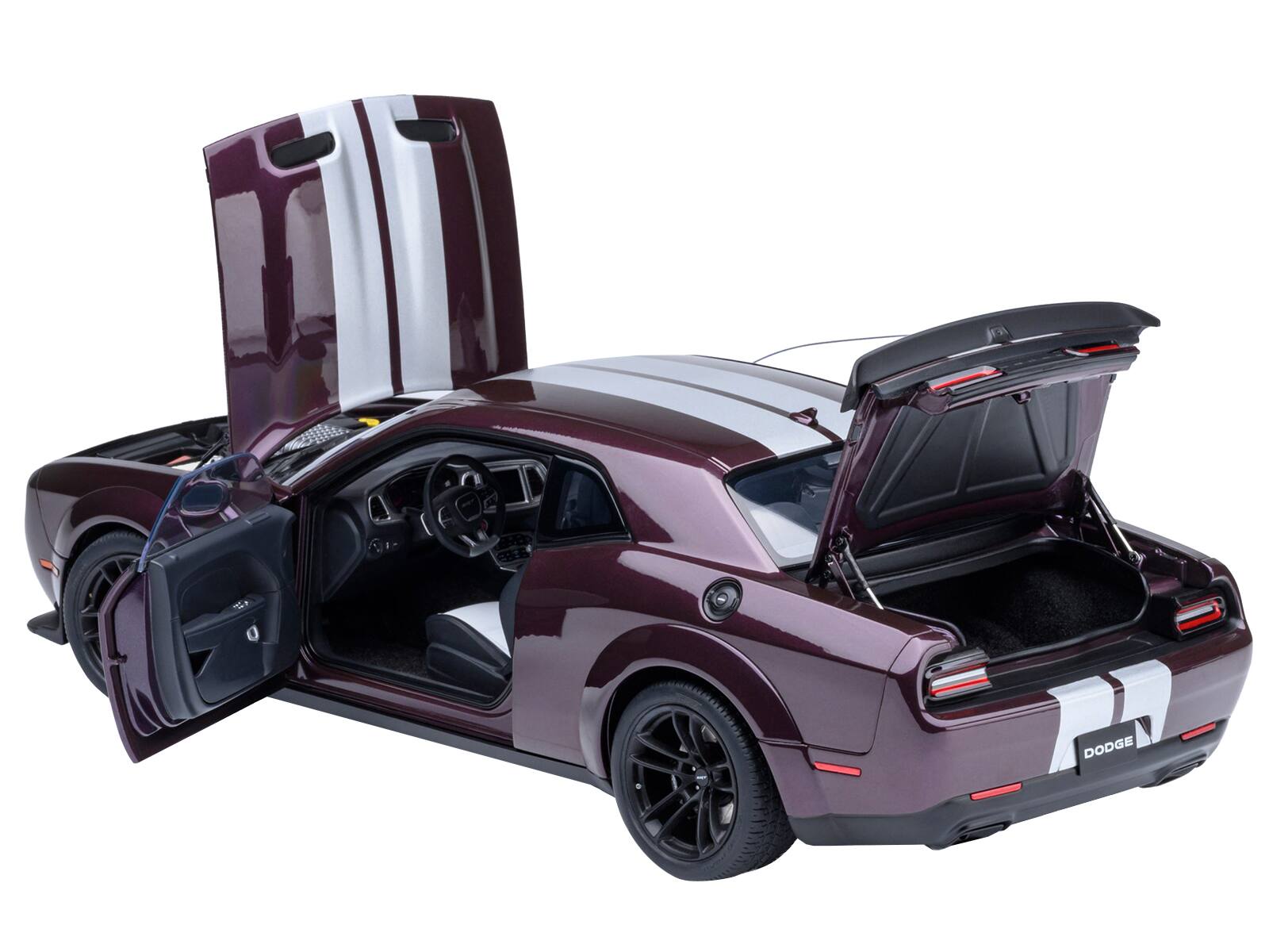 Alt View 1. Autoart - 2022 Dodge Challenger SRT Jailbreak Hellraisin Purple with White Stripes 1/18 Model Car by Autoart.