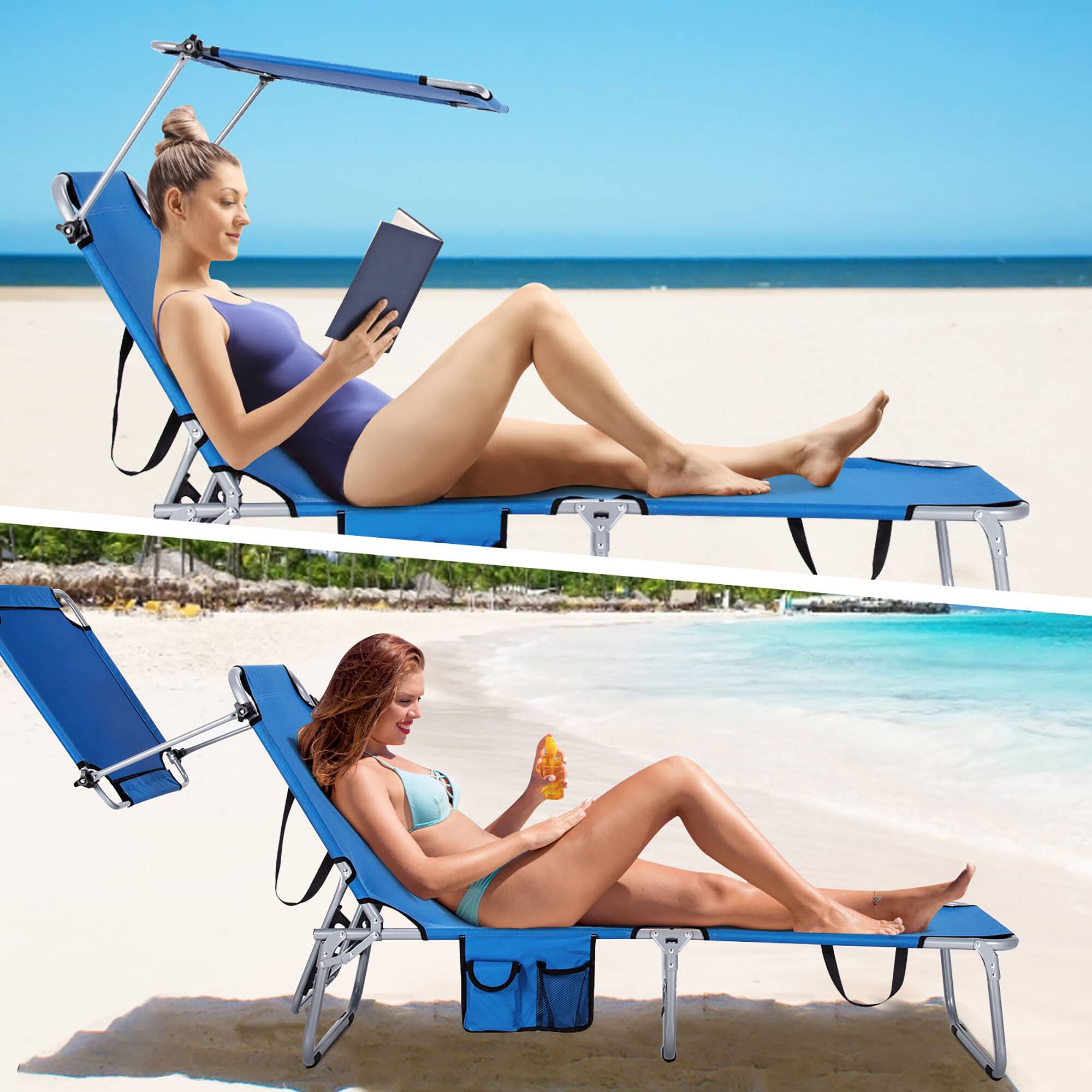 Alt View 8. Costway - Costway Foldable Lounge Chair Outdoor Adjustable Beach Patio Pool Recliner with Sun Shade - Blue.