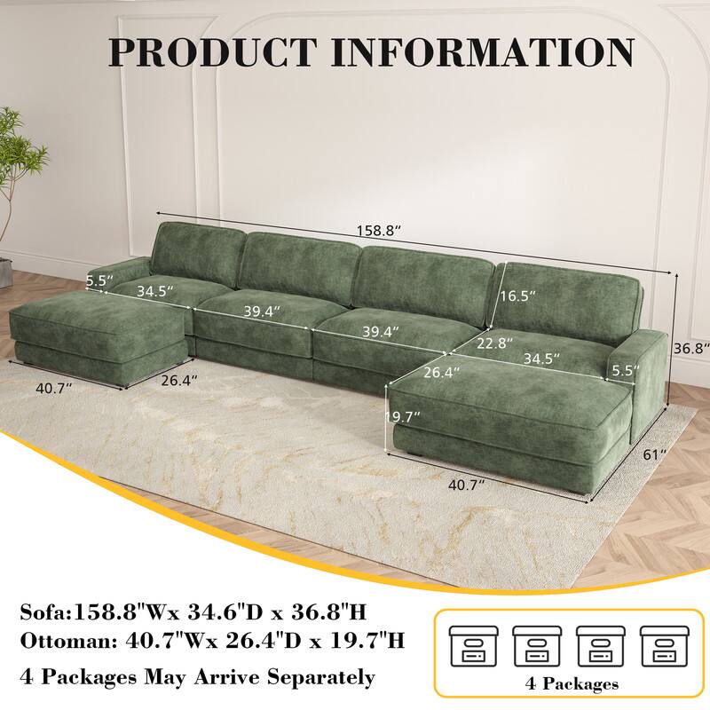 PRODUCT INFORMATION

Sofa: 158.8"W x 34.6"D x 36.8"H  
Ottoman: 40.7"W x 26.4"D x 19.7"H  

4 Packages May Arrive Separately