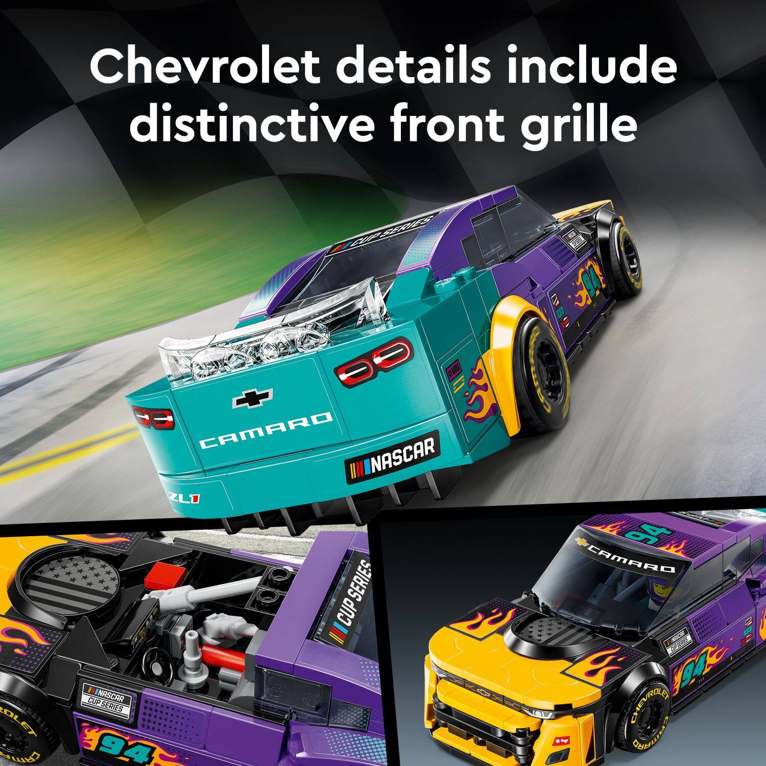 Chevrolet details include a distinctive front grille. The image features a purple and yellow Camaro with a NASCAR ZL1 series cup. The car is designed to resemble a race car, and it is likely a toy or a model.