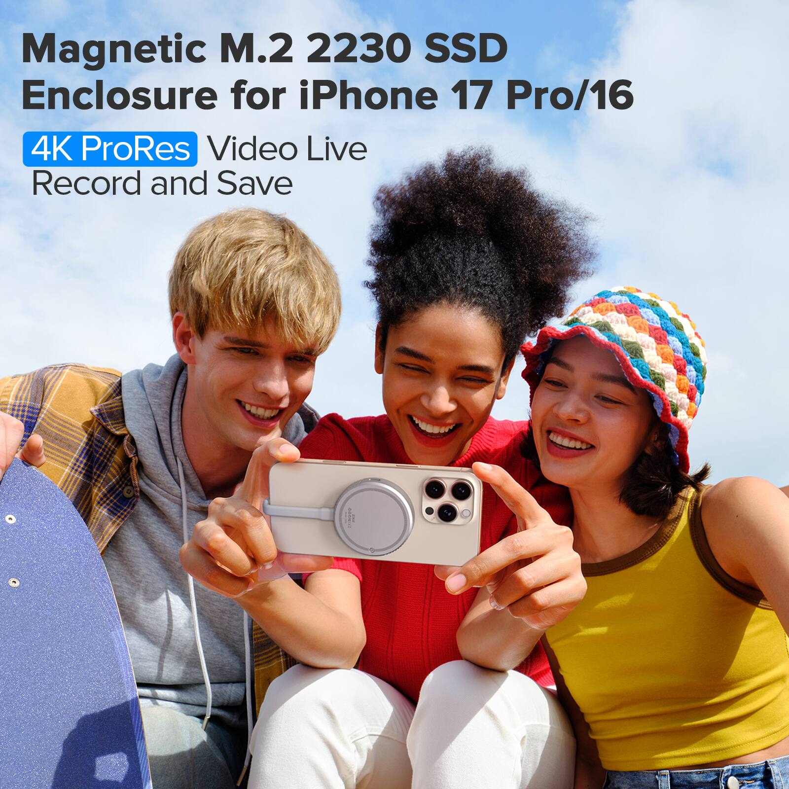 Magnetic M.2 2230 SSD Enclosure for iPhone 17 Pro/16  
4K ProRes Video Live Record and Save