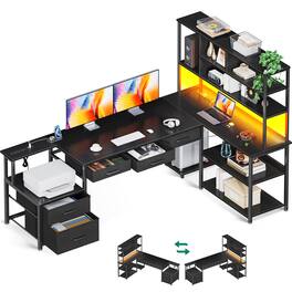AODK - L-Shaped Desk with Storage Shelves, 5 Drawers, LED Light and Power Outlets - Black