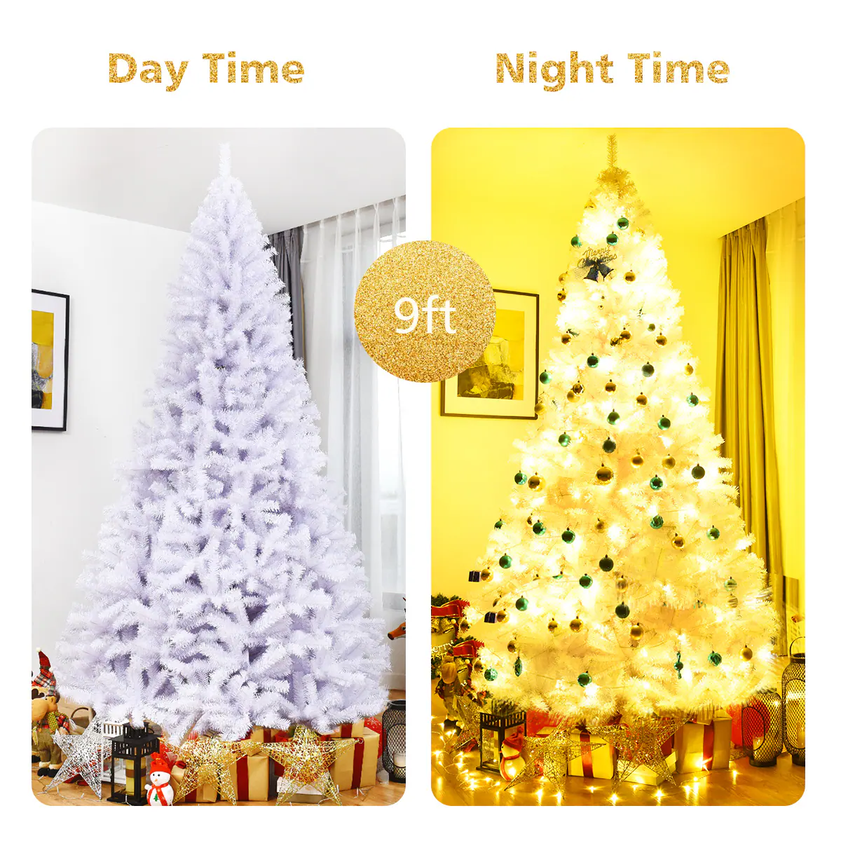 Day Time: A white Christmas tree with a gold star on top.
Night Time: A white Christmas tree with a gold star on top.