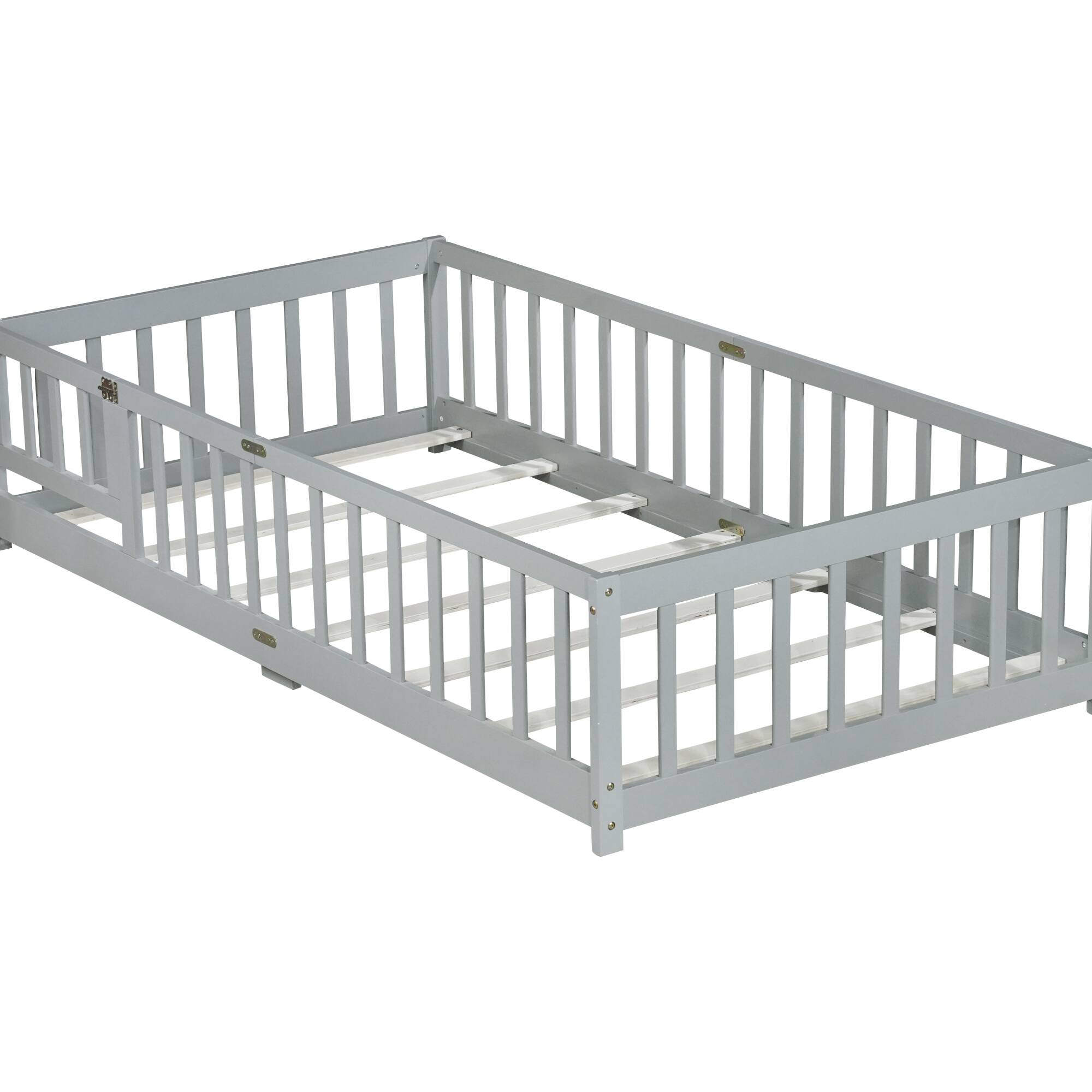 Alt View 2. GOODSILO - Twin Size Floor Bed with Safety Fence and Door for Kids, Sturdy Rubber Wood Construction - Grey.