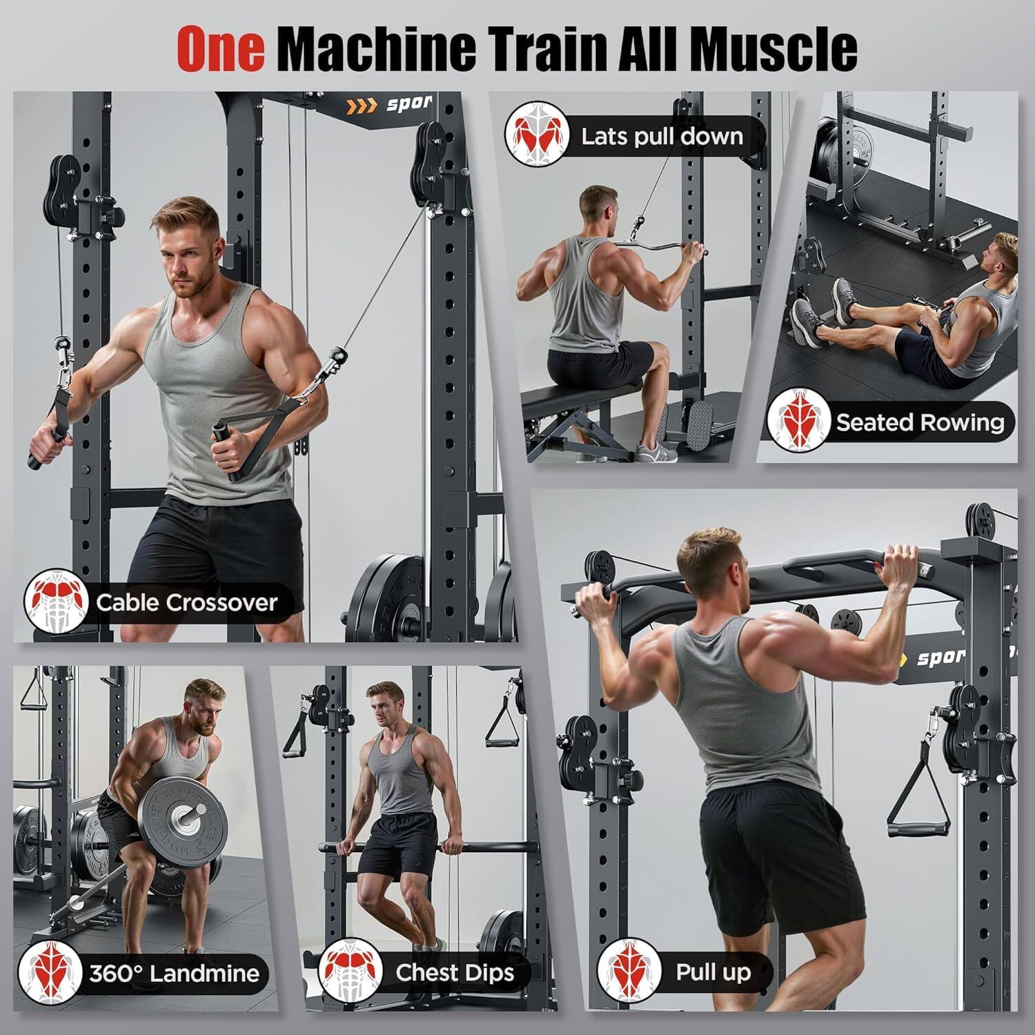 One Machine Train All Muscle

- Lats pull down
- Seated Rowing
- Cable Crossover
- 360° Landmine
- Chest Dips
- Pull up