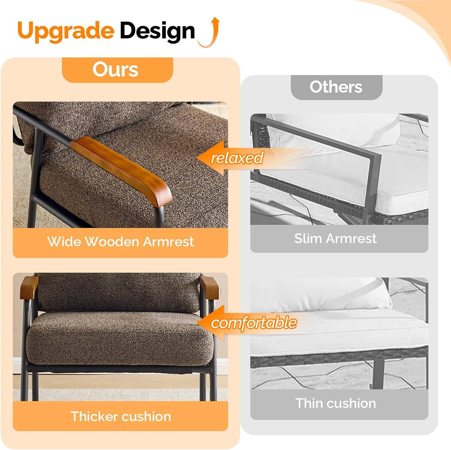 Upgrade Design

Ours
- Wide Wooden Armrest
- Thicker cushion

Others
- Slim Armrest
- Thin cushion

relaxed
comfortable
