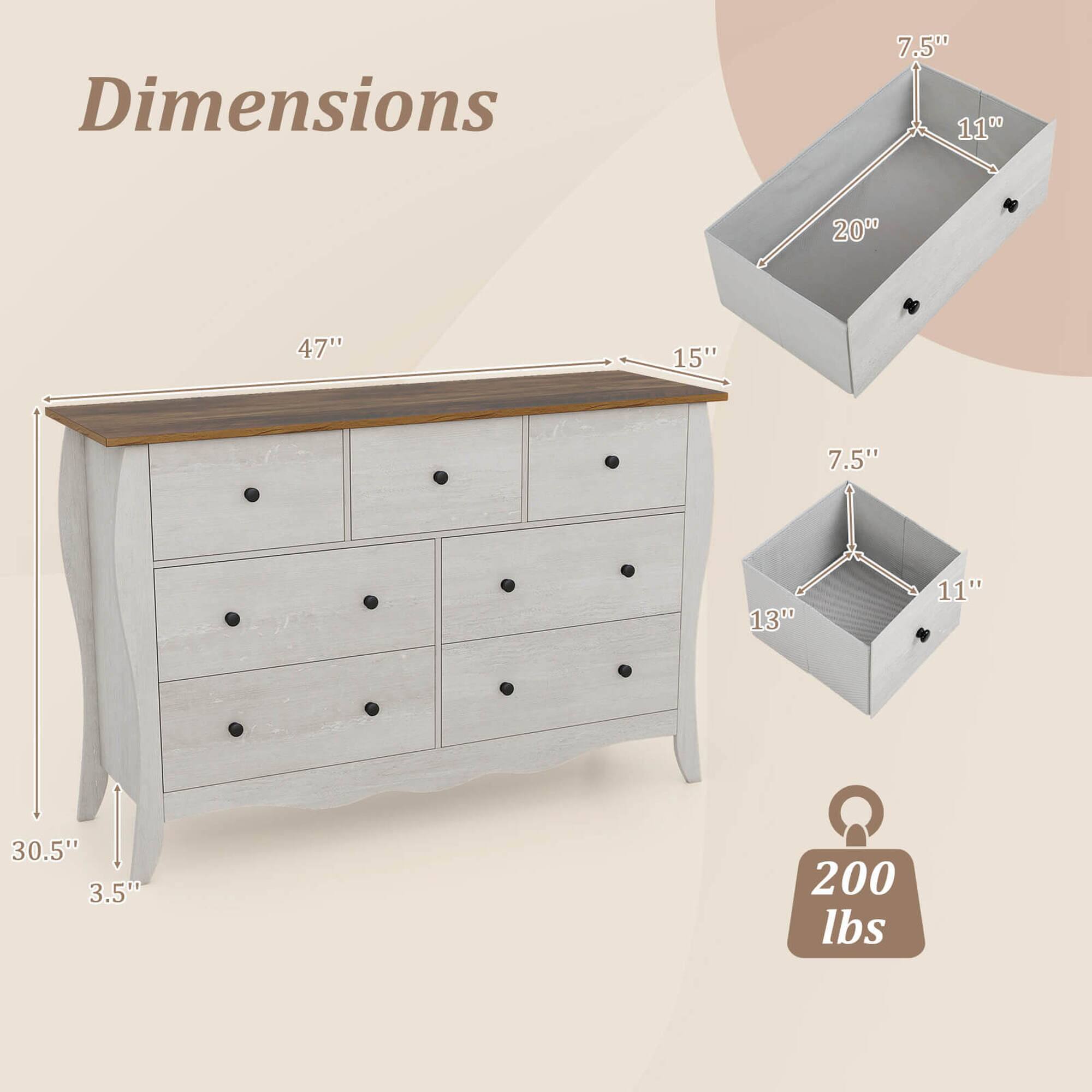 Dimensions:  
- Width: 47"  
- Depth: 15"  
- Height: 30.5"  
- Drawer 1: 20" (width) x 11" (height) x 7.5" (depth)  
- Drawer 2: 13" (width) x 11" (height) x 7.5" (depth)  
- Weight Capacity: 200 lbs