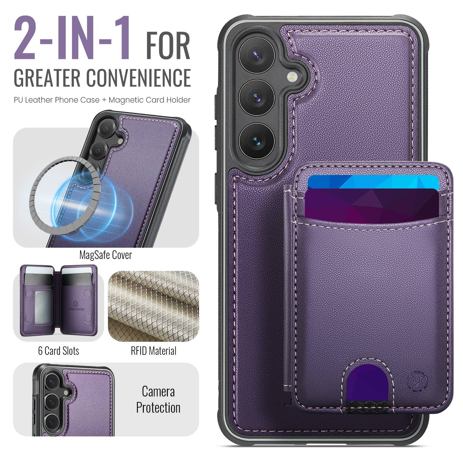 2-IN-1 FOR GREATER CONVENIENCE  
PU Leather Phone Case + Magnetic Card Holder  

- MagSafe Cover  
- 6 Card Slots  
- RFID Material  
- Camera Protection