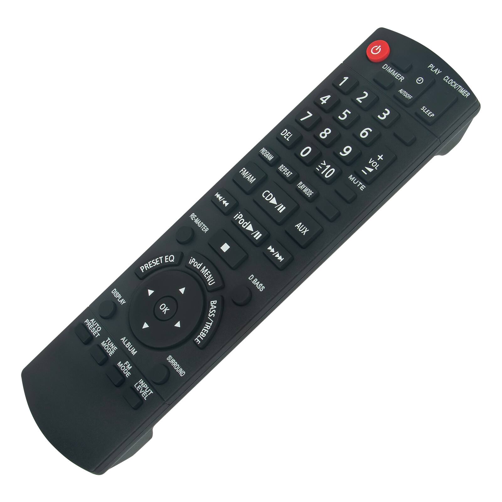 Sure, here is the corrected and grouped text from the image:

**Top Section:**
- DIMMER
- PLAY
- CLOCK/TIMER
- A000H
- SLEEP
- DEL
- PROGRAM
- VOL
- FM/AM
- REPEAT
- PLAYMODE
- MUTE
- CD/II
- RE-MASTER
- iPod AUX
- EQ
- PRESET
- iPod MENU
- D.BASS
- DISPLAY
- BASS/TREBLE
- MODE
- FM
- SURROUND
- LEVEL
- INPUT

**Number Pad:**
- 1
- 2
- 3
- 4
- 5
- 6
- 7
- 8
- 9
- 0
- +
- -
- 10

**Bottom Section:**
- PRESET EQ
- iPod MENU
- BASS/TREBLE
- DISPLAY
- OK
- ALBUM
- TUNE
- ALBUM
- FM
- MODE
- SURROUND
- LEVEL
- INPUT
- AUTO PRESET
- ALBUM
- FM
- MODE
- LEVEL
- INPUT
- iPod
