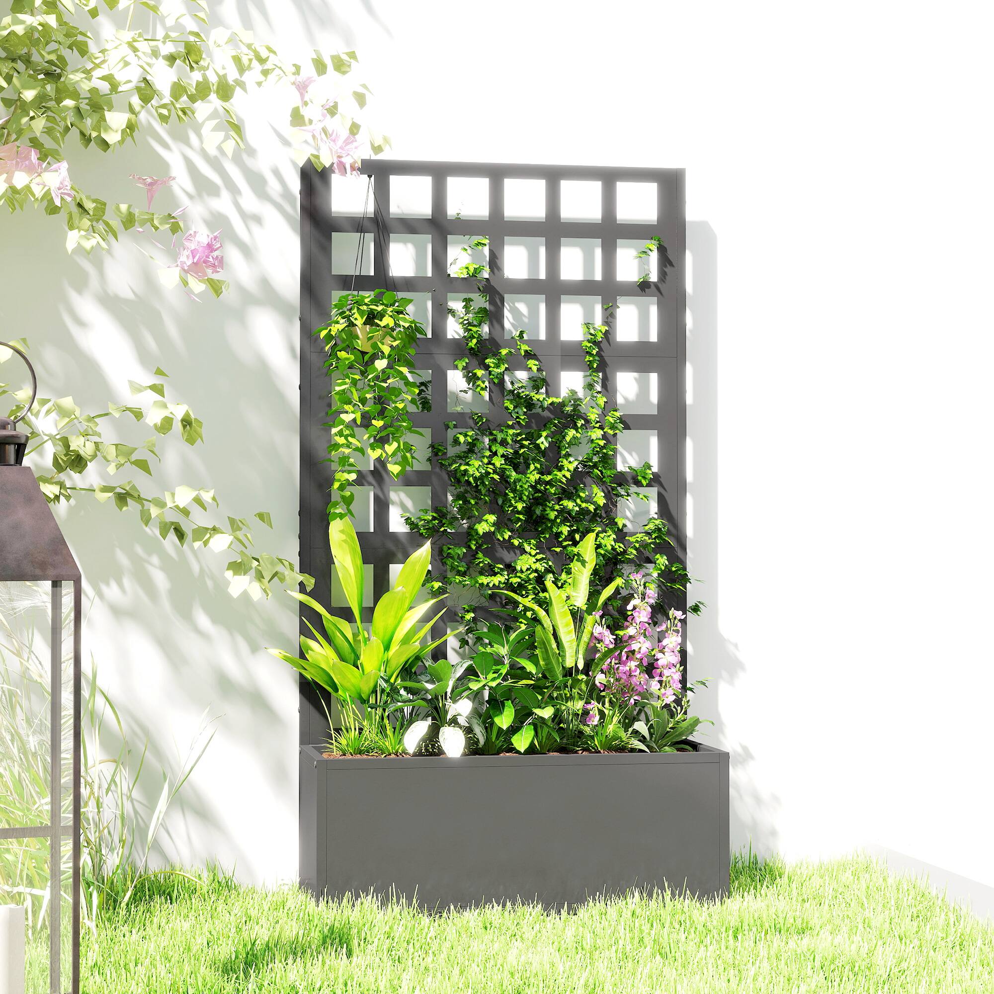 Alt View 7. Outsunny - Galvanized Raised Garden Bed with Trellis, Metal Planter Box with Drainage Holes, Outdoor Privacy Screen.