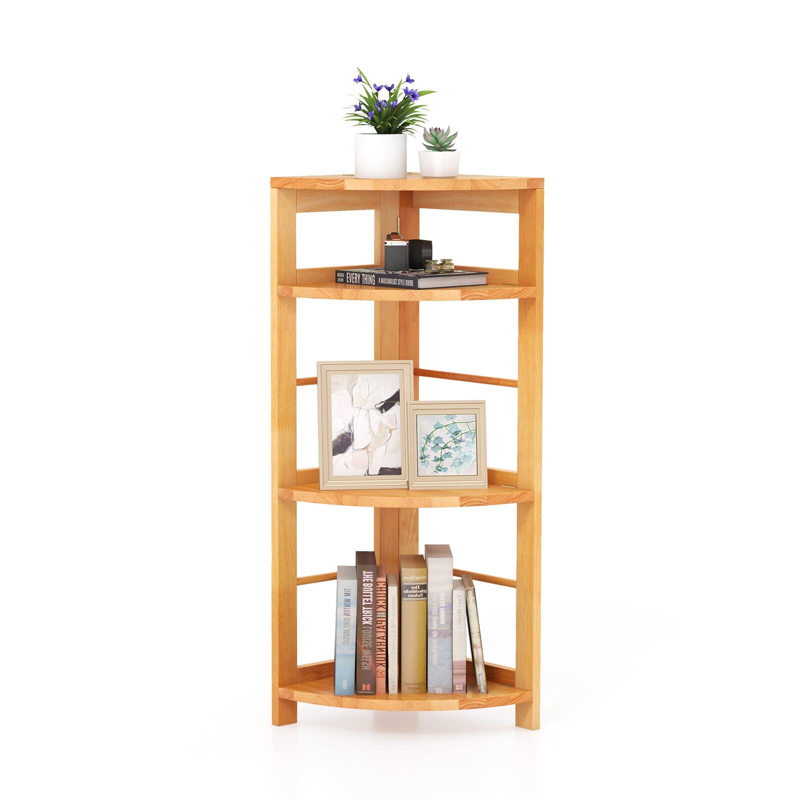Ecooso - 4-Tier Corner Shelf with Rubber Wood Frame and Anti-Toppling Kit - Natural