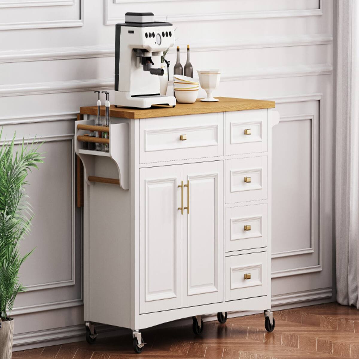 Angle. Loheer - Loheer 52 inch kitchen island with drop leaf white rolling kitchen cart with spice rack - White.