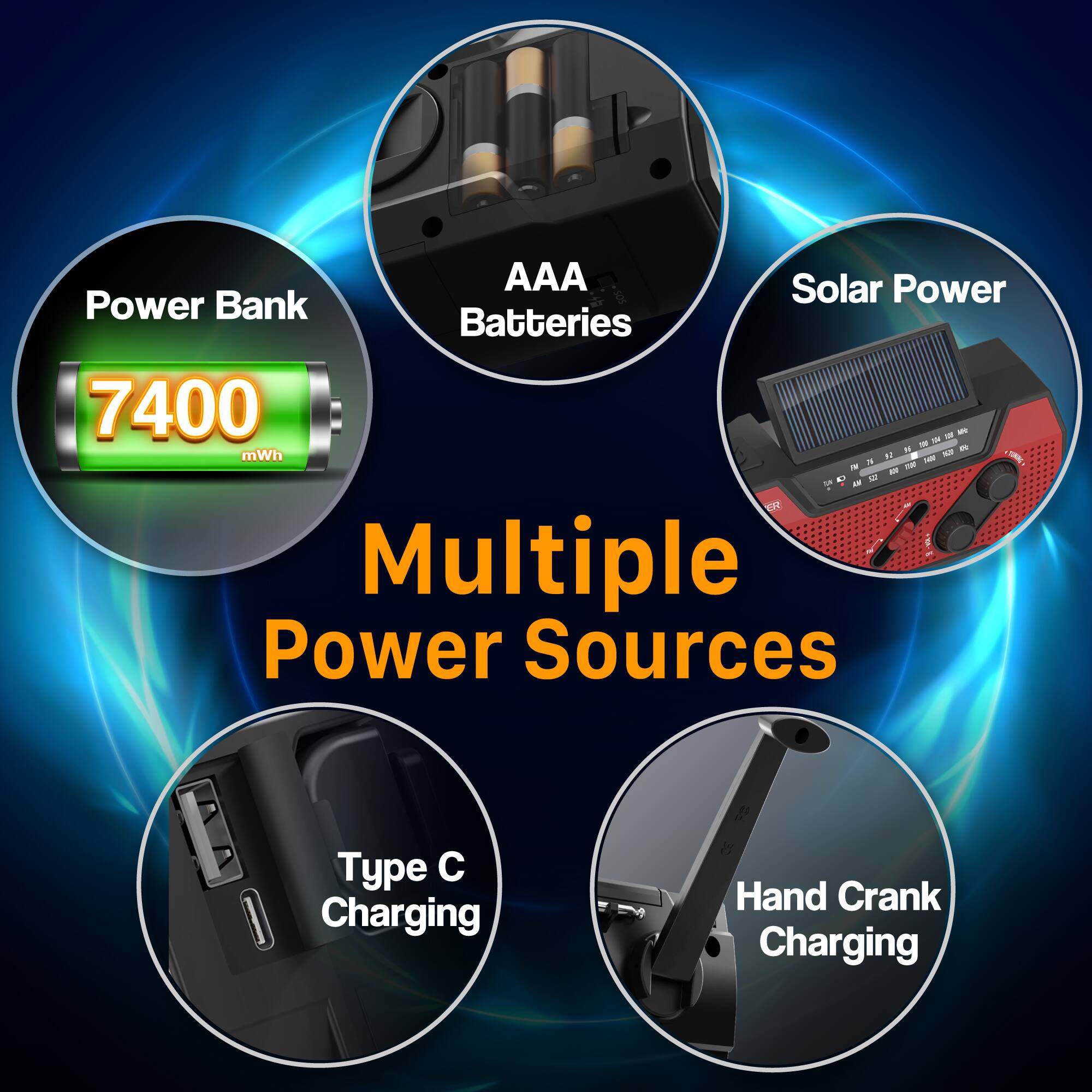 AAA Solar Power Power Bank Batteries 7400 mWh - Multiple Power Sources Type Charging Hand Crank Charging