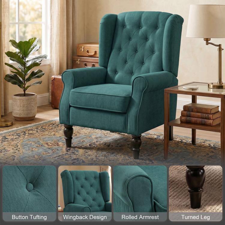 Button Tufting  
Wingback Design  
Rolled Armrest  
Turned Leg