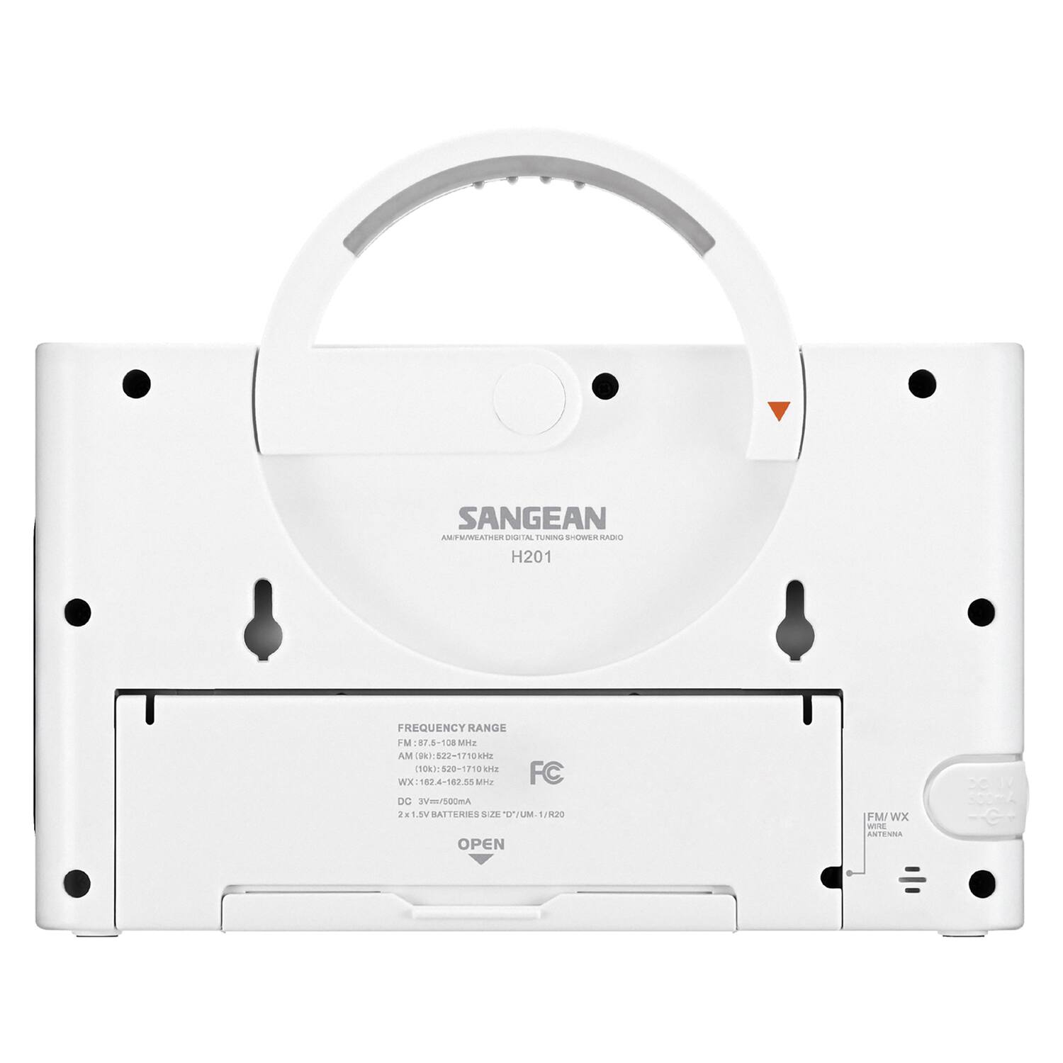 SANGEAN H201  
FREQUENCY RANGE  
FM: 87.5-108 MHz  
AM: 522-1710 kHz  
WX: 162-182.55 MHz  
DC 3V/900mA  
2 x 1.5V BATTERIES S80/S81/S82  
OPEN