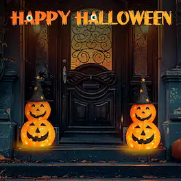 Winado - Halloween 2PCS 3FT Light Up Stacked Pumpkins with Hat, Lights Decoration for Holiday Indoor Outdoor Garden Porch Lawn - Orange & Black