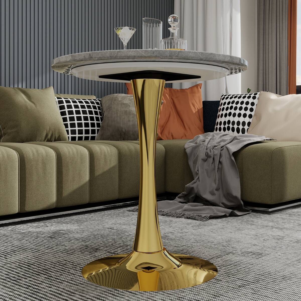 Alt View 9. Loheer - Loheer Round Gold Coffee Table with Marble Effect Tabletop, 27.6-Inch Mid-Century Modern Living Room Table - Gold and light gray.