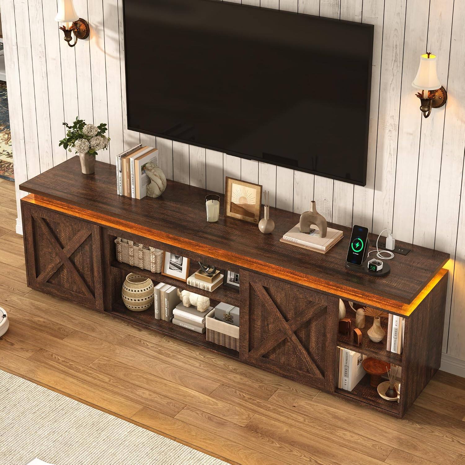 Left. Espafurni - 83" Farmhouse TV Stand with Sliding Barn Doors, LED & Power Outlet, Fits TVs up to 95" - Brown.