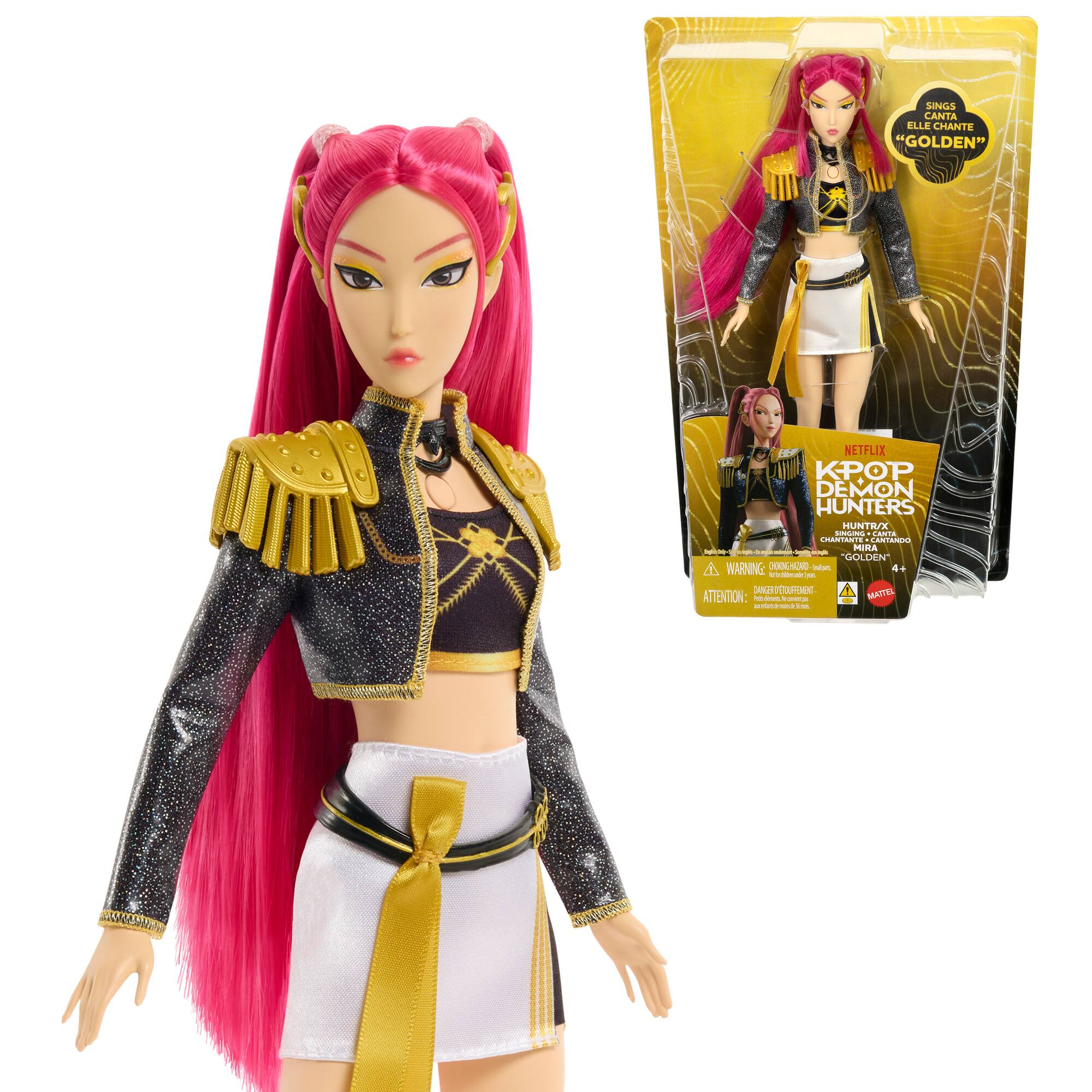 SINGS CANTA ELLE CHANTE "GOLDEN"  
NETFLIX KPOP DEMON HUNTERS HUNTR/X SINGING CANTA CHANTANTE CANTANDO MIRA - eups "GOLDEN"  
4 WARNING: CHOKING HAZARD - Small parts. Not for children under 3 years.  
4+ lete: bidmade.jour.  
DANGER D'ETOUFFEMENT - MATTEL  
ATTENTION: - onispaa commeted a