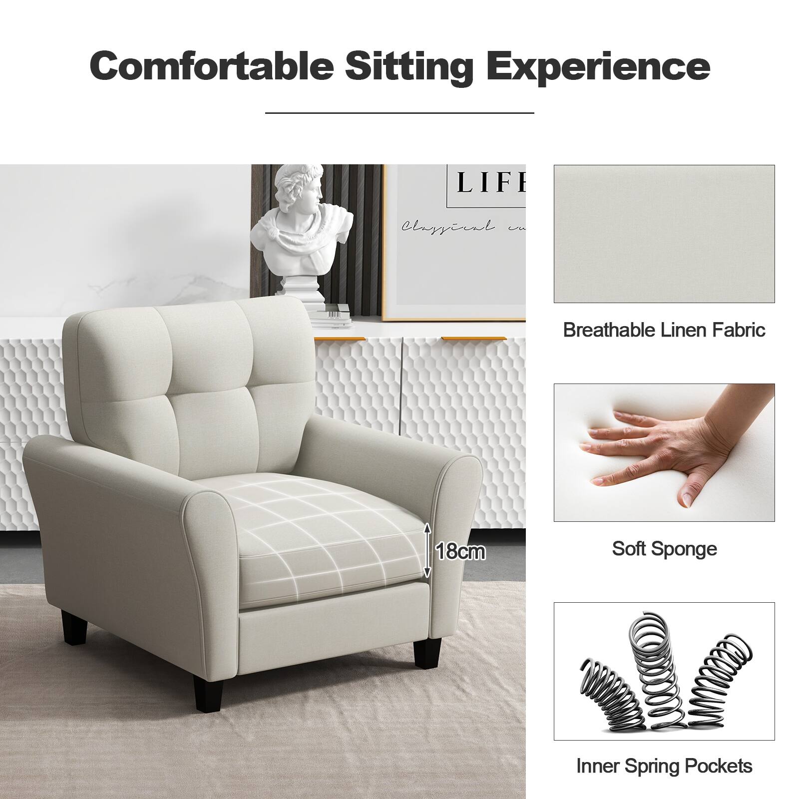 Comfortable Sitting Experience
Breathable Linen Fabric
18cm
Soft Sponge
Inner Spring Pockets