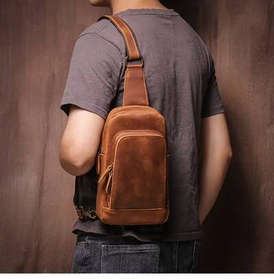 best leather sling backpack Qoka Bag Navy by Capra Cocoa gift wrap with ribbon. Genuine Leather Sling Bag, Handmade