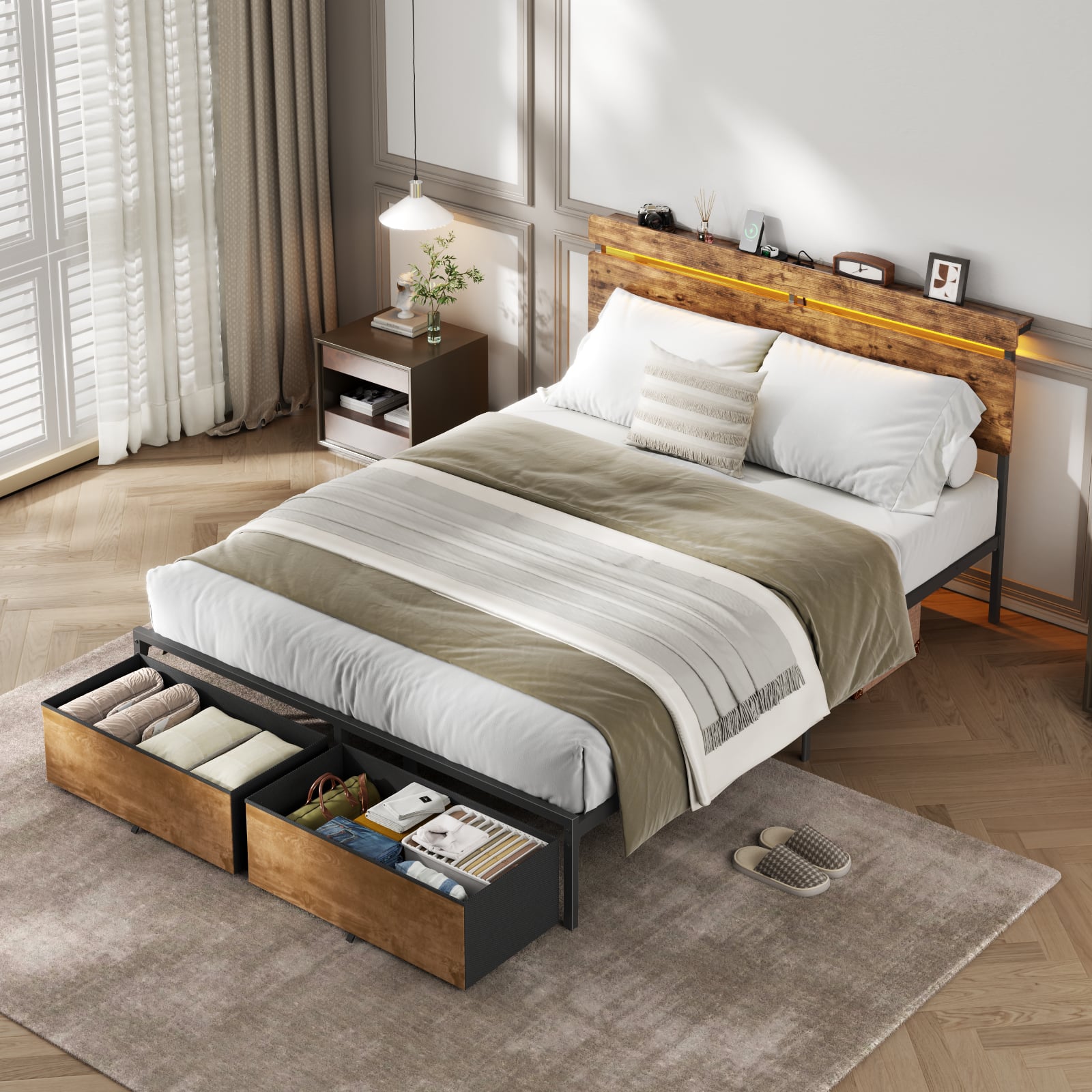 Furnulem - Platform Bed with 2 Drawers and Open Storage Headboard Adjustable LED Light and Charging Station - Brown