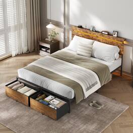 Furnulem - Platform Bed with 2 Drawers and Open Storage Headboard Adjustable LED Light and Charging Station - Brown