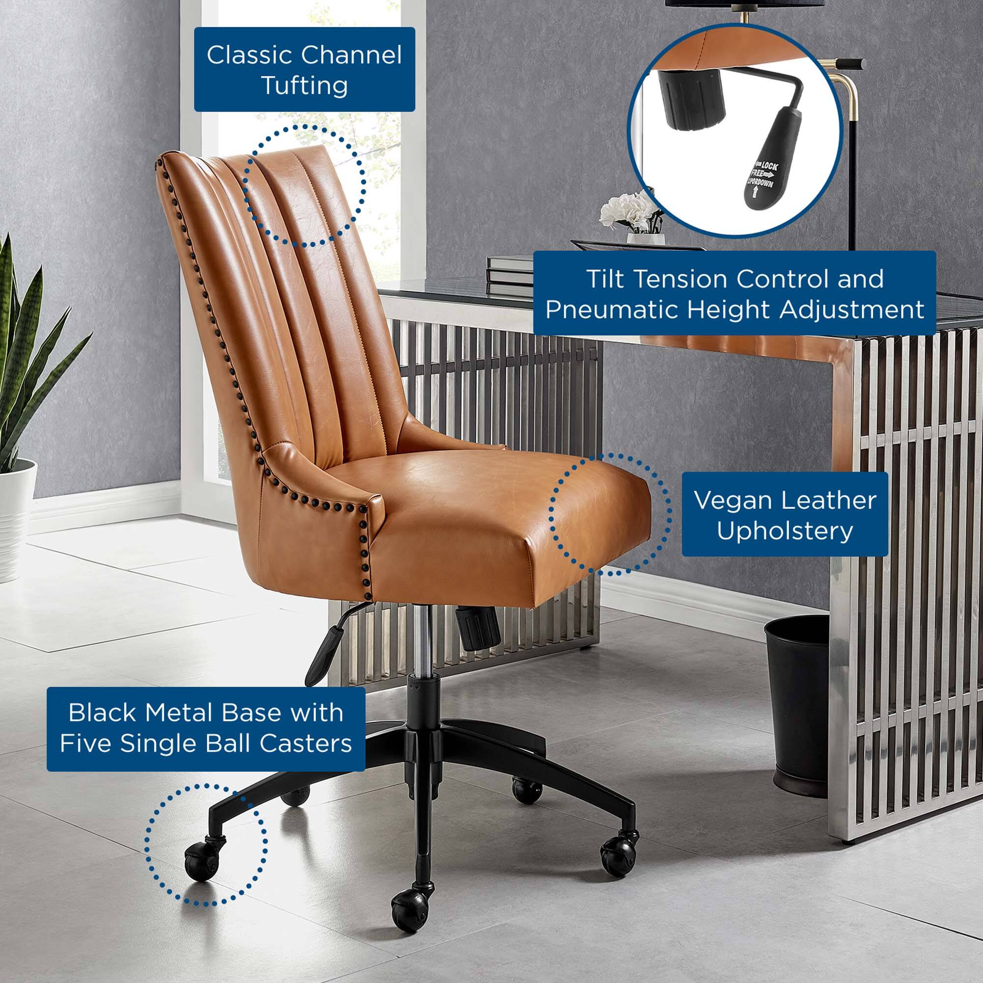 Classic Channel Tufting  
Vegan Leather Upholstery  
Black Metal Base with Five Single Ball Casters  
Tilt Tension Control and Pneumatic Height Adjustment