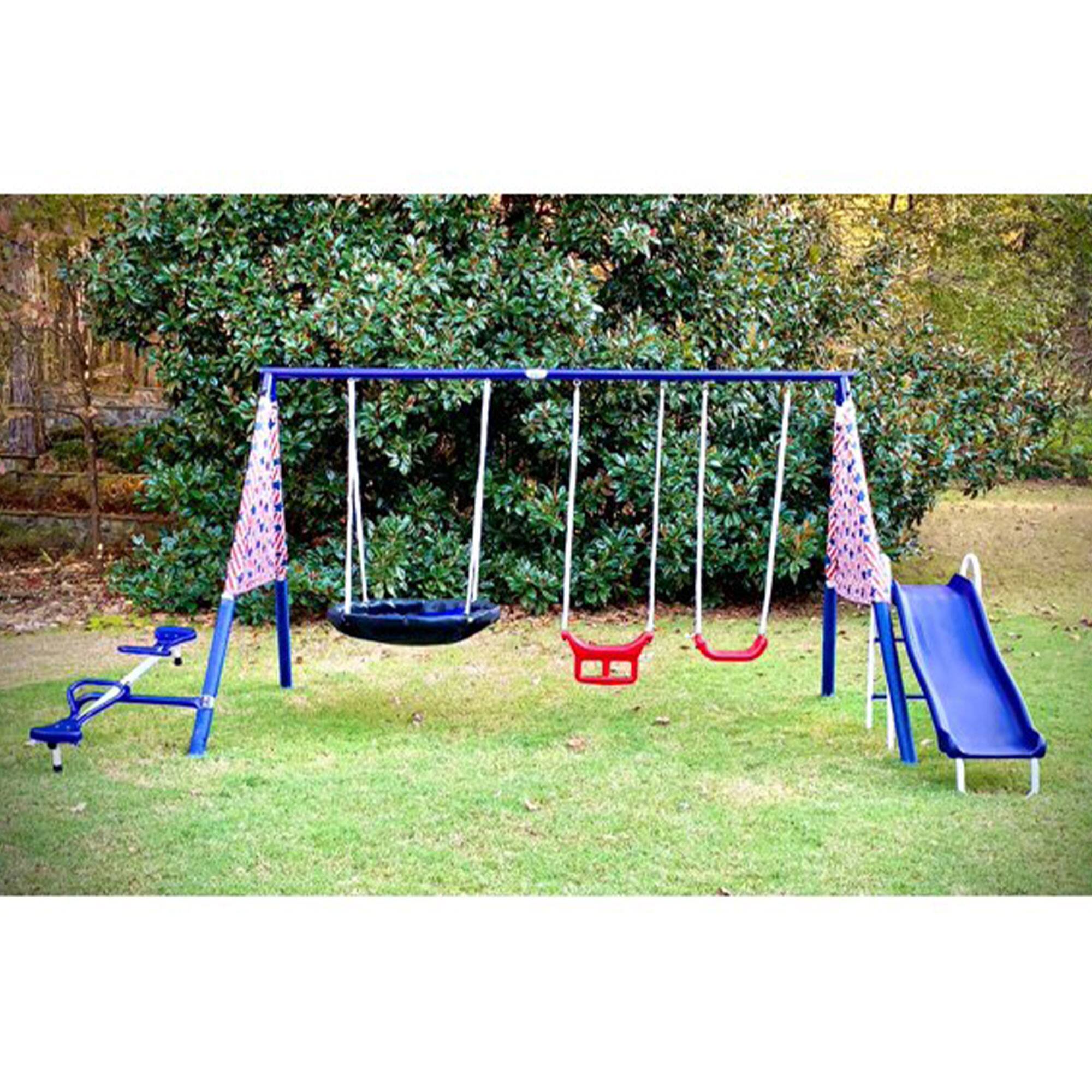 Alt View 1. XDP Recreation - XDP Recreation Freedom Fun Play Swing Set w/See Saw, Super Disc, Swings, & Slide - Multicolor.
