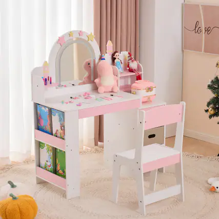 Front. Winado - 2-in-1 Vanity Makeup Table Study Desk Chair Set with 3 Color Mirror & Side Storage Shelves Kids Girls Christmas Gift - White & Pink.