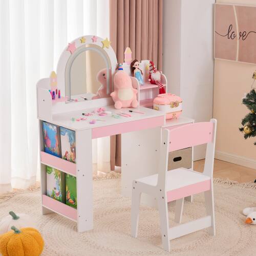 Winado - 2-in-1 Vanity Makeup Table Study Desk Chair Set with 3 Color Mirror & Side Storage Shelves Kids Girls Christmas Gift - White & Pink
