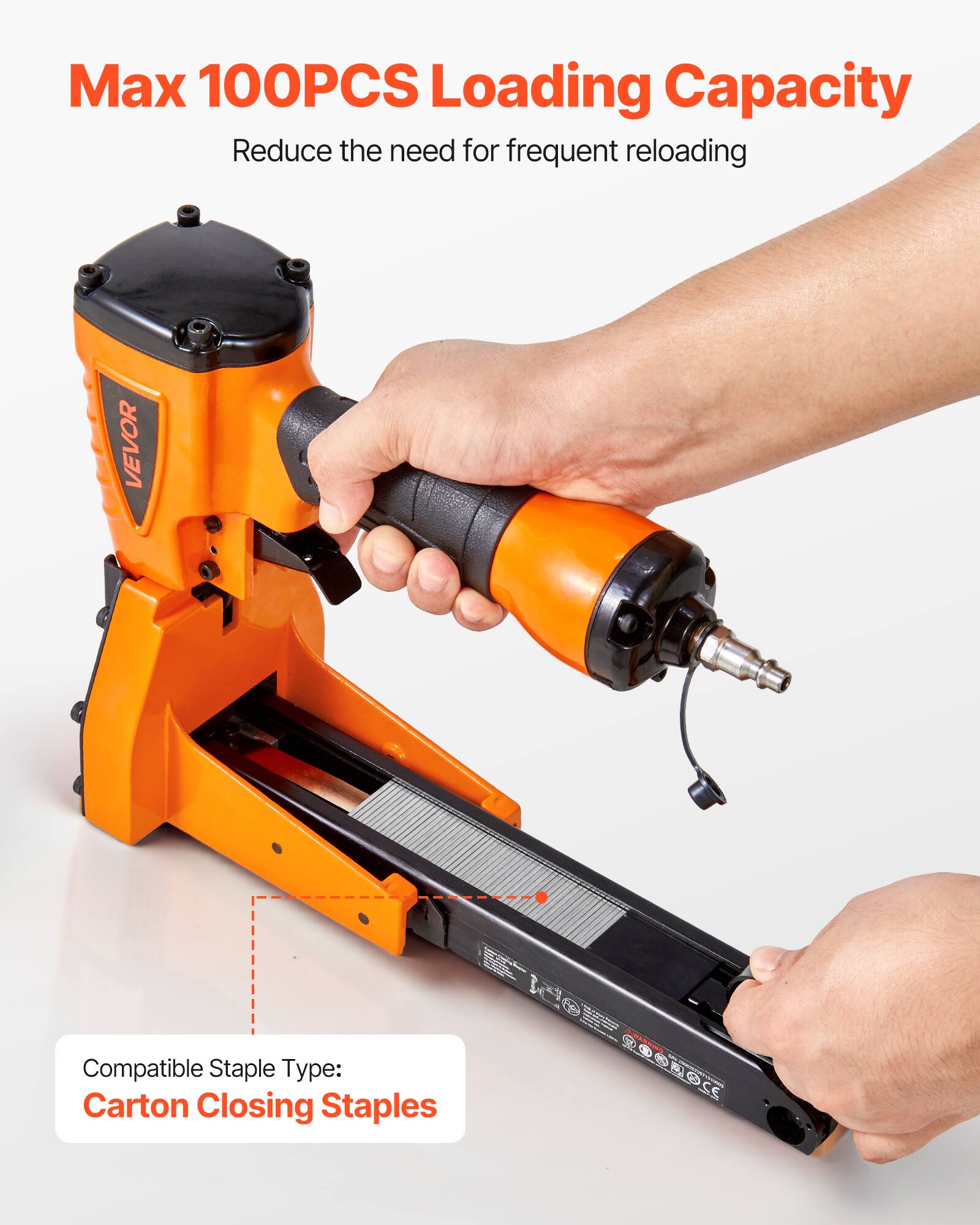 Max 100PCS Loading Capacity  
Reduce the need for frequent reloading  

Compatible Staple Type:  
Carton Closing Staples