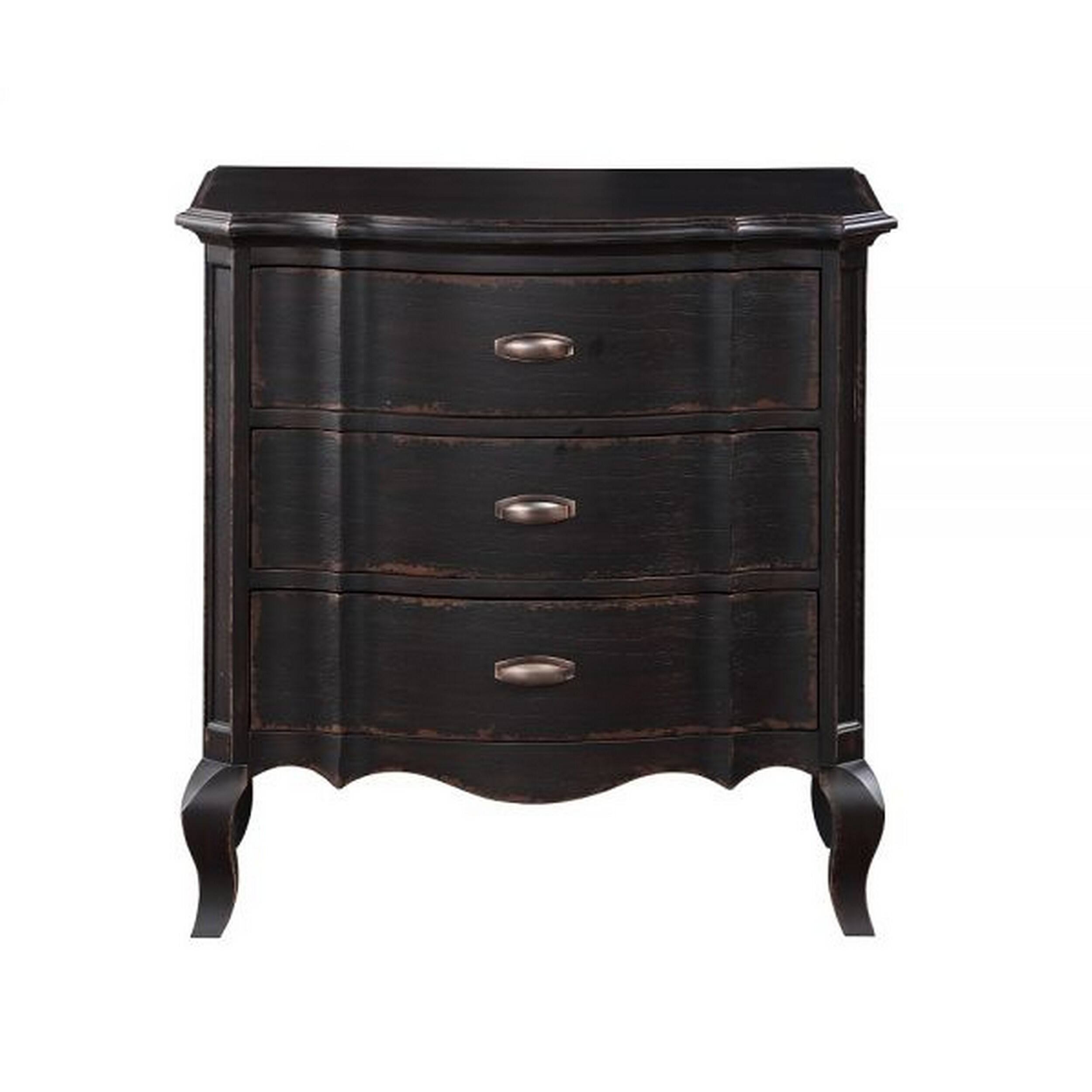 Angle. Manhattan Lane - 30 Inch Nightstand, 3 Drawers, Cabriole Legs, Rubberwood, - Black.