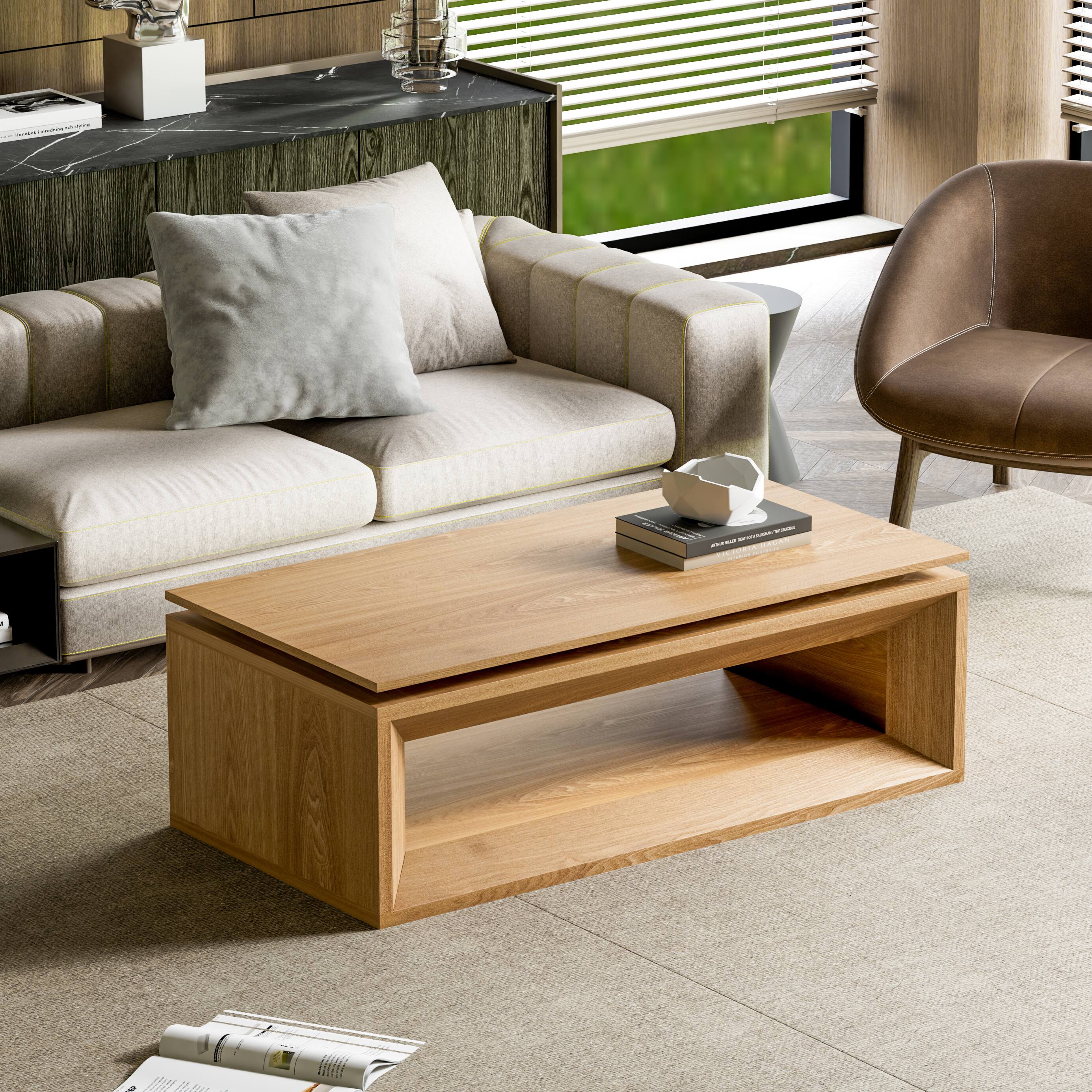 Alt View 1. Loheer - Loheer Lift-Top Coffee Table 43.3 Inch, Solid Wood Veneer, Hidden Storage, Adjustable Height, Natural Wood Finish - Natural Wood.