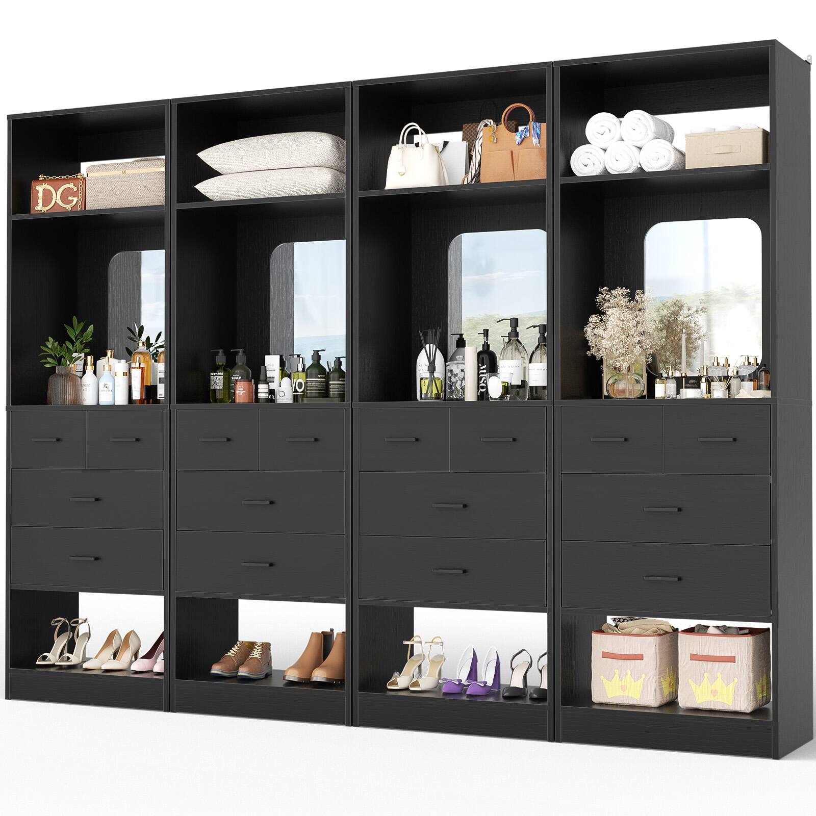 Angle. Aheaplus - 100 Inch Sturdy Wardrobe System with 16 Drawers and Mirrors, Modular Closet System for Closet/Bedroom - Black.