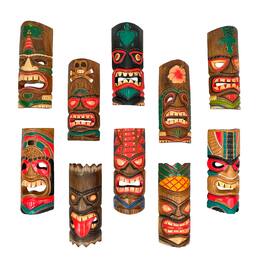 Zeckos - Set of 10 Hand-Carved Tropical Island Style Tiki Masks Decorative Wall Hangings - Multicolored