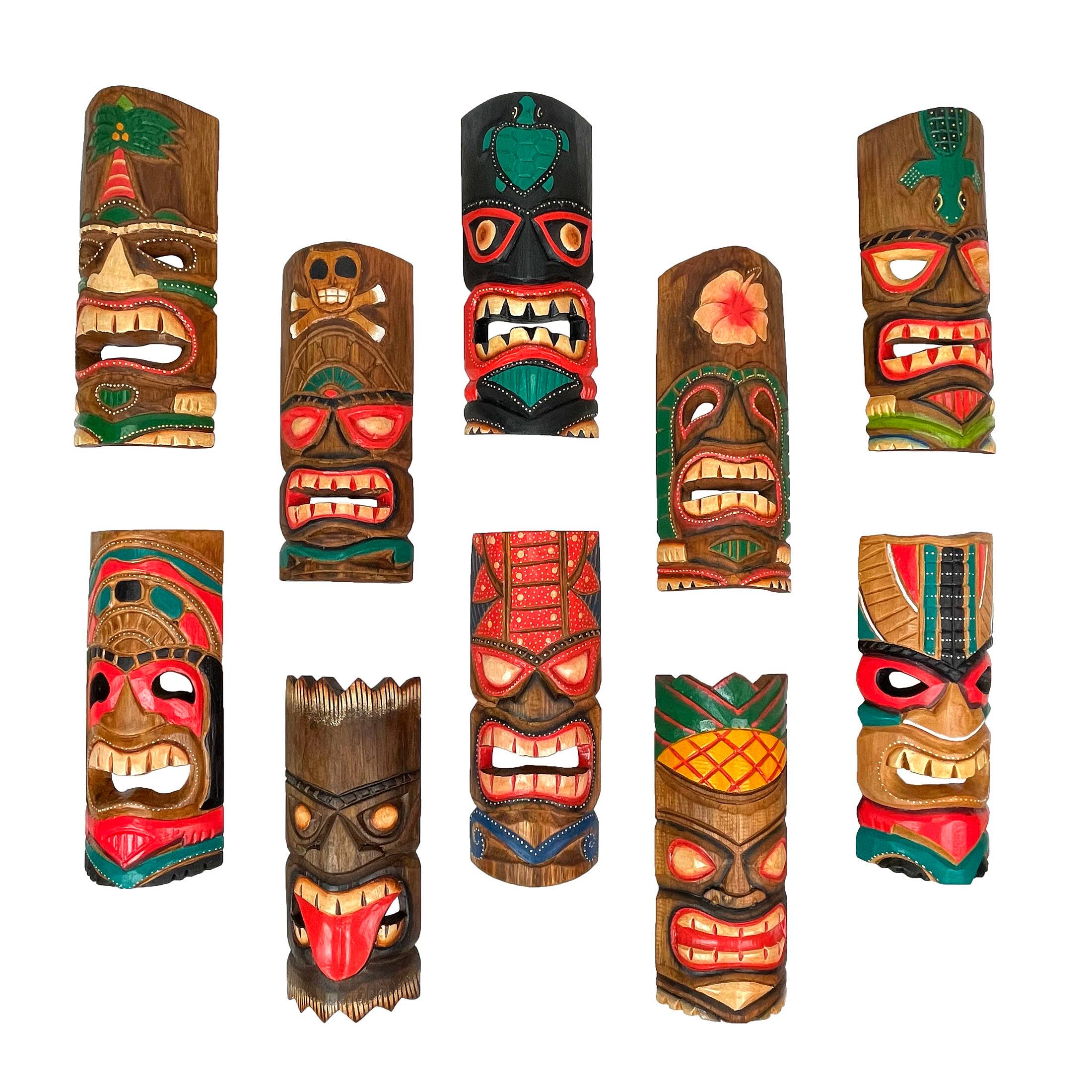 Front. Zeckos - Set of 10 Hand-Carved Tropical Island Style Tiki Masks Decorative Wall Hangings - Multicolored.