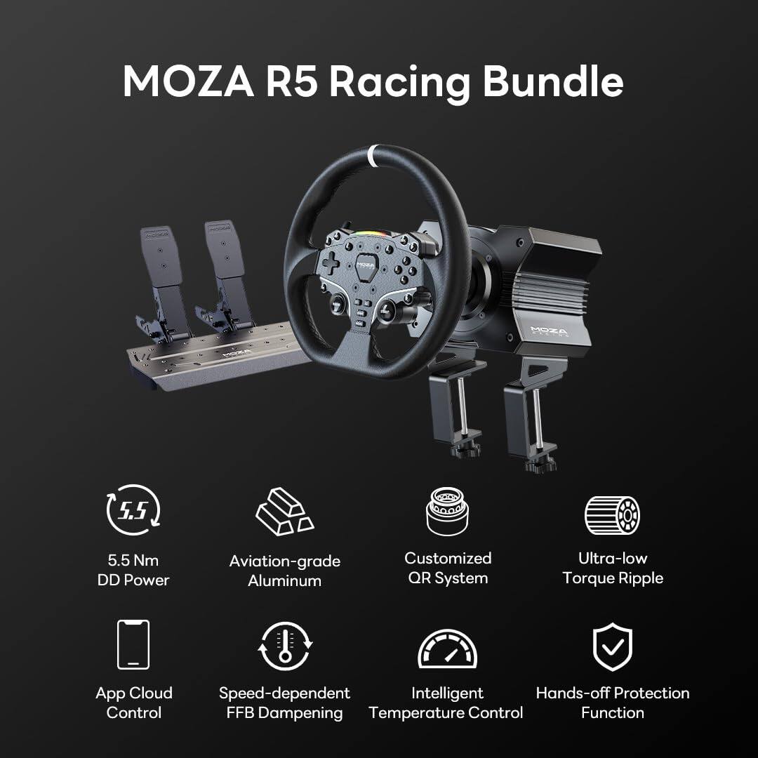 Moza R5 Racing Bundle:

* 5.5 Nm DD Power
* Aviation-grade Aluminum
* Customized QR System
* Ultra-low Torque Ripple
* App Cloud
* Speed-dependent Intelligent Hands-off Protection
* Control FFB Dampening
* Temperature Control Function
