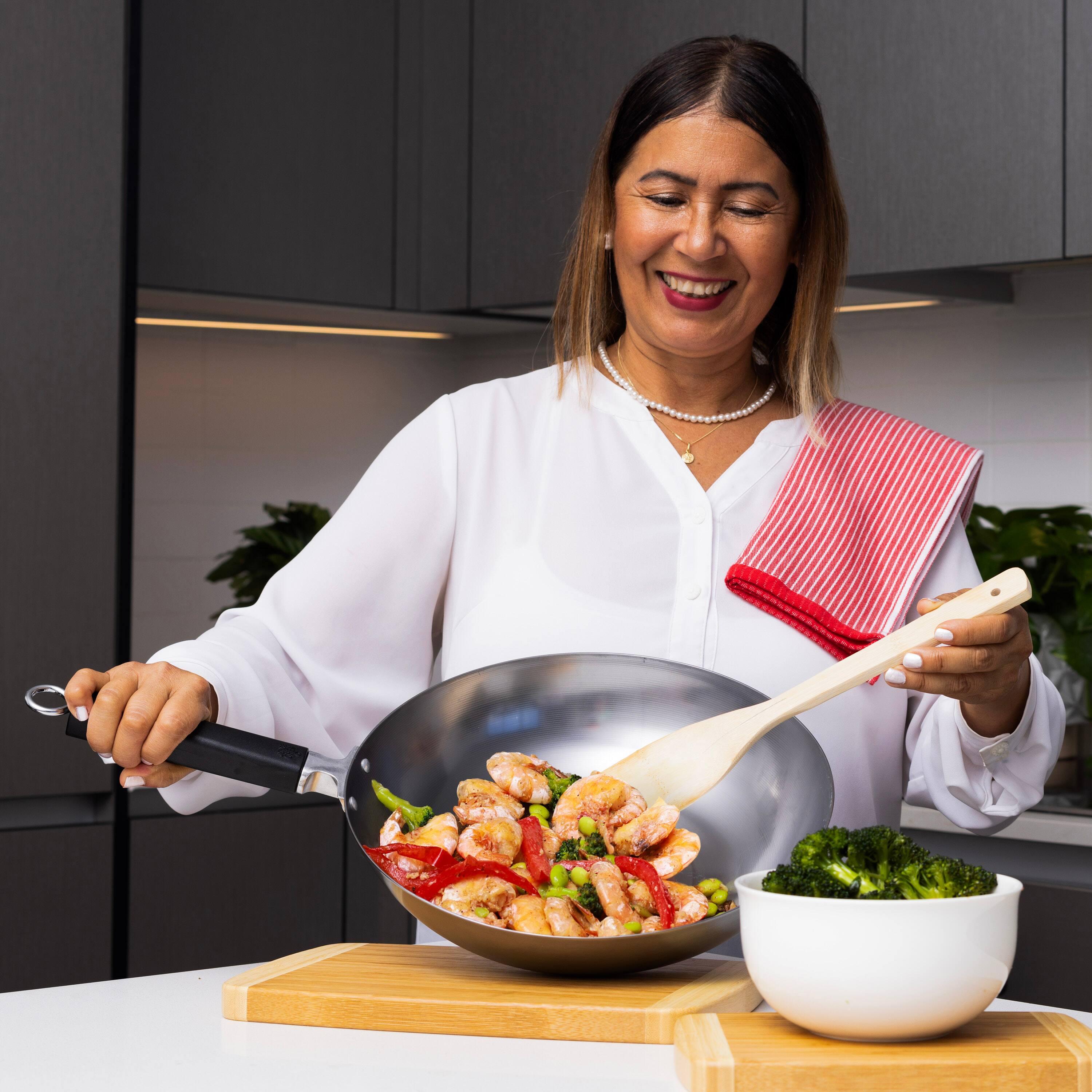 Alt View 6. Escali - Joyce Chen Professional Series 12-Inch Uncoated Carbon Steel Stir Fry Pan with Phenolic Handle - Silver.