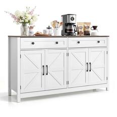 Front. VEVOR - Coffee Bar Cabinet, Farmhouse Coffee Bar Table with 2 Drawers, Buffet Stand Cabinet with 4 Barn Doors, Sideboard Buffet - White + Brown.