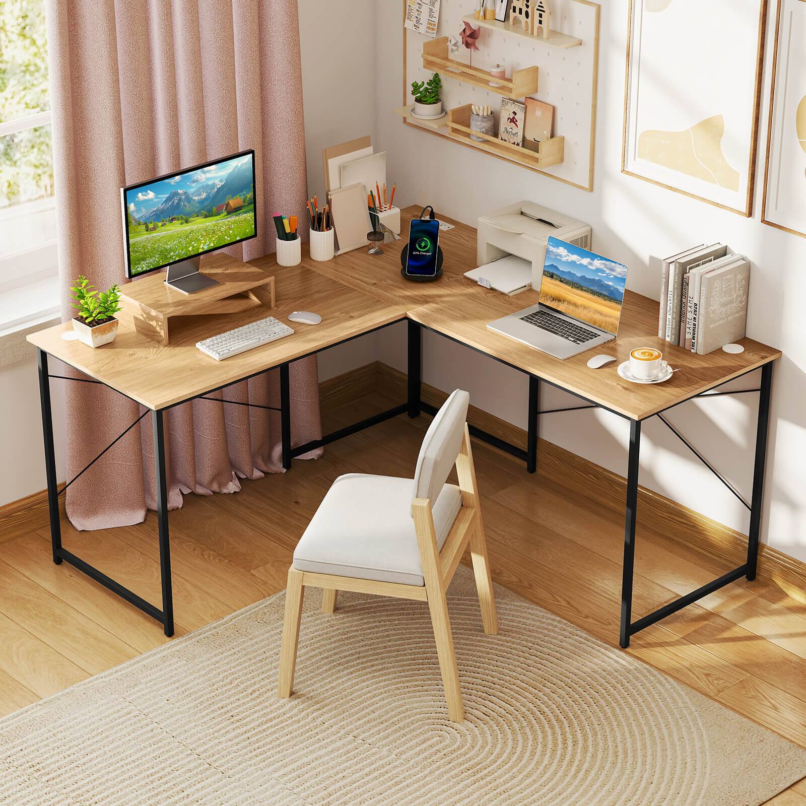Alt View 4. Costway - Costway L-Shaped Reversible Computer Desk 2-Person Long Table w/Monitor Stand - Natural.