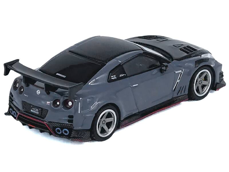 Angle. Inno Models - 2024 Nissan GT-R R35 Nismo Top Secret RHD Gray Carbon Hood Top Hong Kong Toy Car Salon 2024 Special Edition 1/64 - Gray with Carbon.