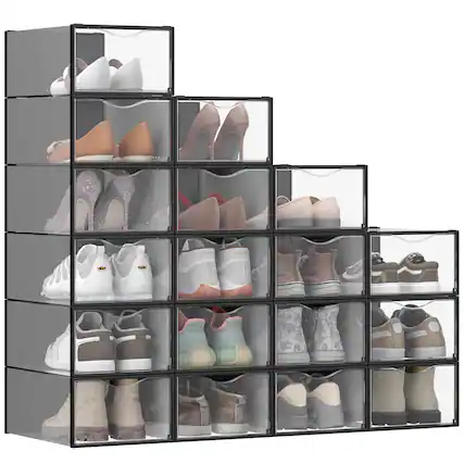 Front. Songmics Home - Shoe Boxes, Shoe Storage Organizers Rack for Closet, Plastic Stackable Sneaker Containers Case, 18 Pack - Transparent and Ink Black.